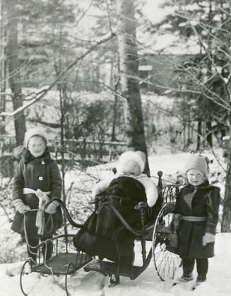 Image shows Sheila Owen, Audrey Owen &amp; Olwen Owen (left to right), looking west from 49 Alc ...