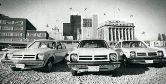 t successful Sales Start ever recorded by General Motors new type of car has been chalked up by Chevette, seen rolling in triplicate toward camera aga(...)