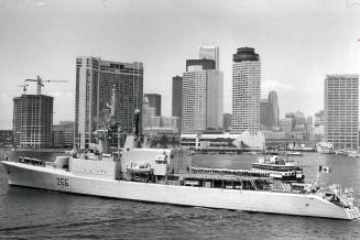 HMCS Nipigon pays Toronto a visit, A 2,858-ton Annapolis class destroyer escort, HMCS Nipigon, arrived in Toronto Harbor yesterday under Commander R. C. Waller