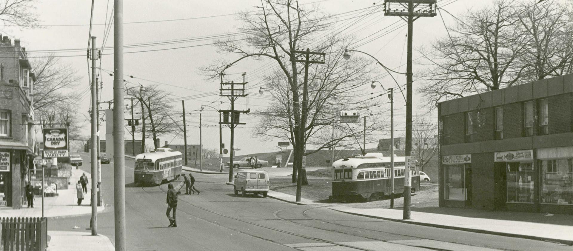 Queen Street East, looking east from Neville Park Boulevard to Nursewood Road, showing Neville Loop, Toronto Transit Commission, Toronto, Ontario