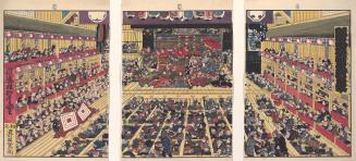 Perspective view of a kabuki theatre interior during a performance of Shibaraku