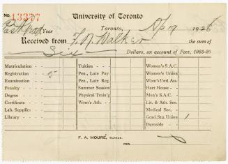University of Toronto tuition receipt 1928