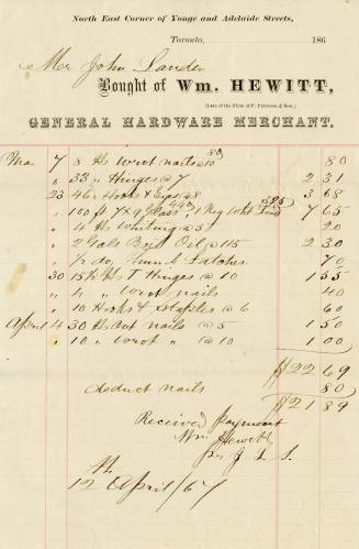 Wm. Hewitt, General Hardware Merchant receipt