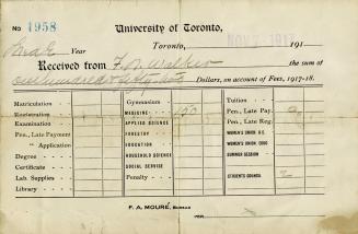 University of Toronto tuition receipt 1917