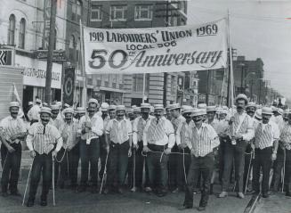 Toronto laborers, celebrating their union's 75th anniversary, paraded in 1890s costumes in the 1969 Labor Day march to the CNE. The Ex has been presenting of Labor Day celebrations since 1901