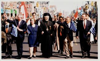 Parade participants: From left are Joe Clark, Alexandra Papadopulos, Greek Orthodox Archbishop of Canada Sotirios, Mel Lastman and Anastasios Karantonis