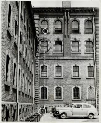 Baldwin escaped via the window, circled at top, down a rope of sheets