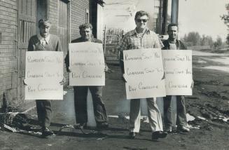 Pickets protest Romanian salt, Protesting the purchase of Romanian salt for North York roads this winter, pickets (left to right) Arthur Jackson, Alex(...)