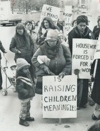 Mothers on welfare demonstrated at Queen's Park yesterday to call for dismissal of James Taylor, minister of community and social services. [Incomplete]