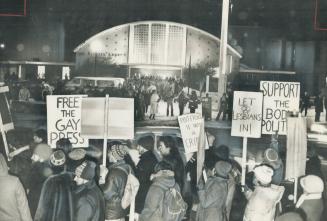 Homosexuals and supporters protest outside Peoples Church during recent visit to Toronto by Anita Bryant