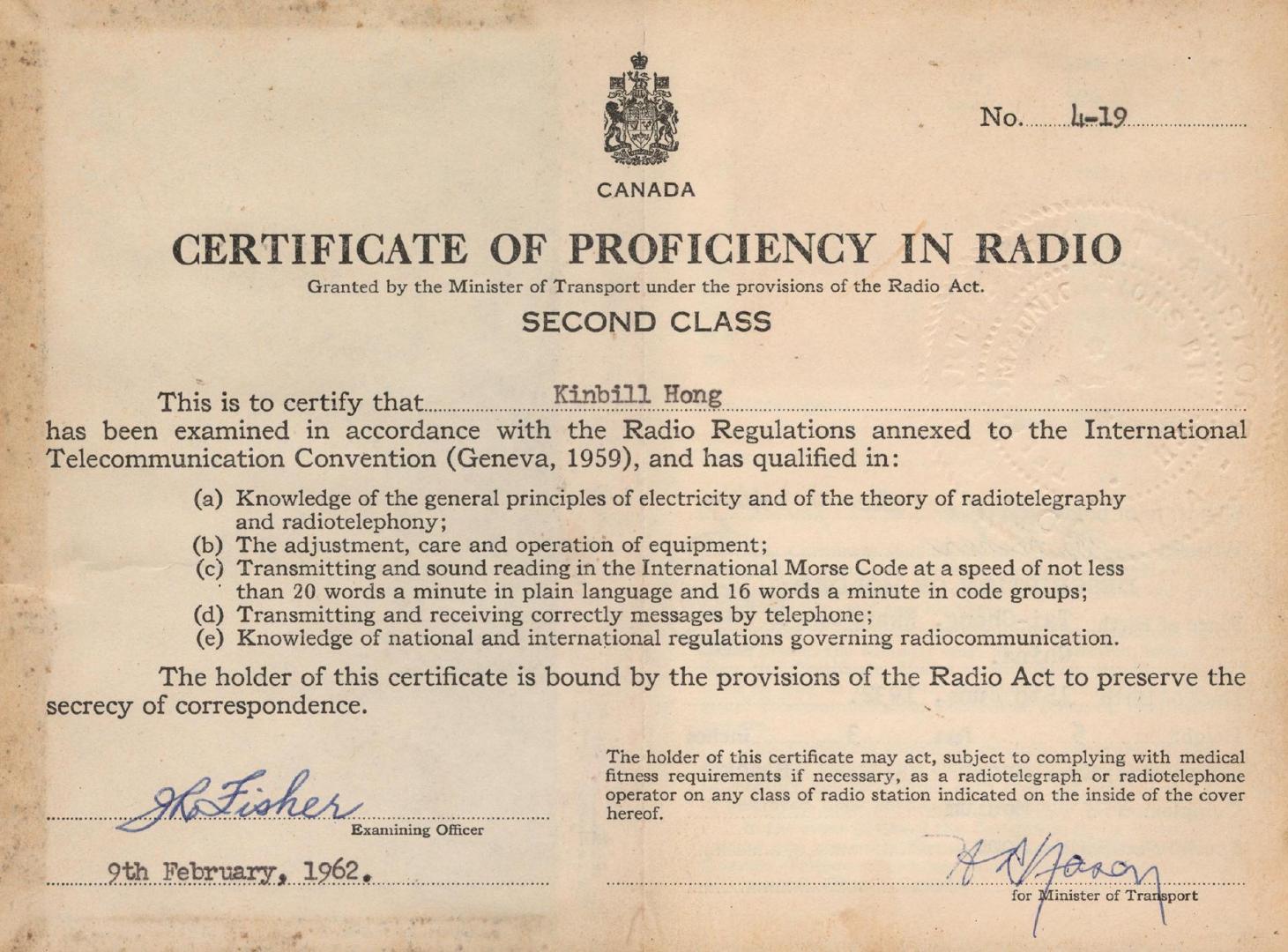 Certificate of proficiency in radio second class - Kinbill Hong