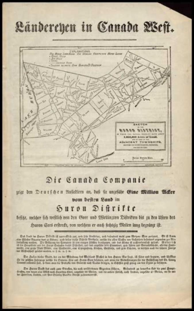 Canada Company pamphlet promoting land in the Huron District of Canada West to German-speaking settlers and providing information on purchasing land and on the amenities of the district