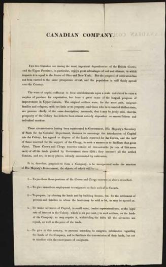 Document proposing to form the Canadian Company for the purpose of encouraging capital investment in Upper Canada by providing land and employment to settlers. - 2 p.