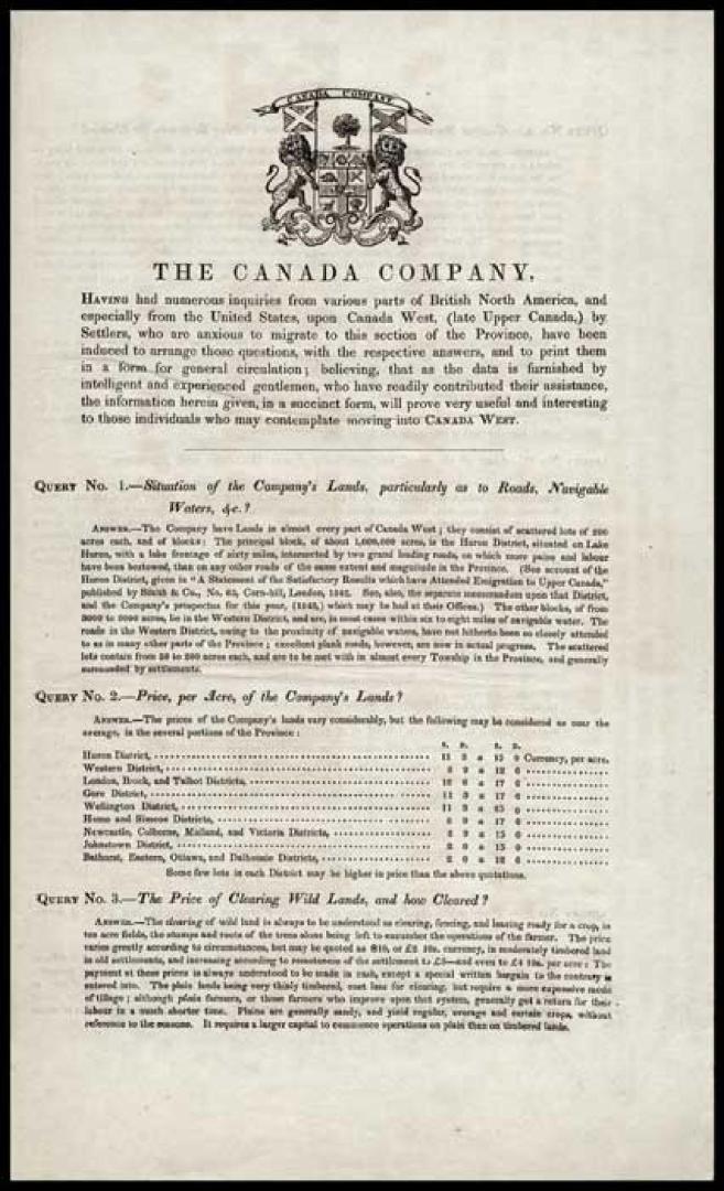 Query pamphlet on land in Canada West for individuals considering moving into Canada West