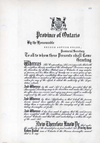 Letters patent: the Ontario Hurricane Relief Fund
