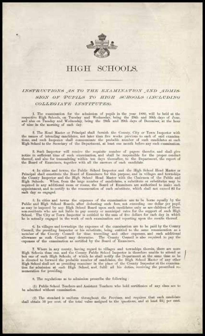Instructions as to the examination and admission of pupils to High Schools