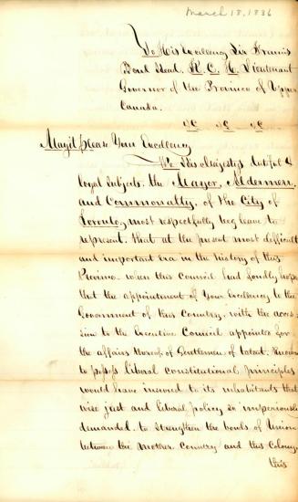 Letter from Mayor to Sir Francis Bond Head, Mar