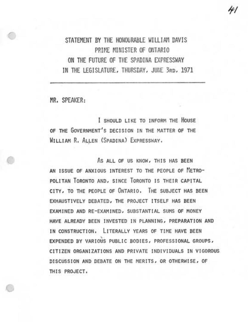 Statement in the Legislature by the Honourable William Davis, Prime Minister of Ontario, on the Future of the Spadina Expressway