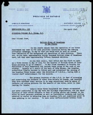 [British wives of Canadian servicemen] : letter about history of the Wives Department