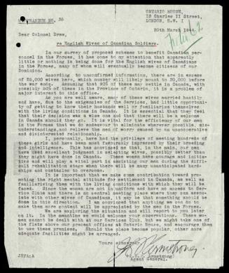 [British wives of Canadian servicemen] : letter proposing measures of assistance