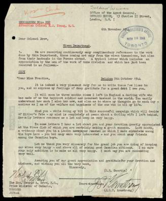 [British wives of Canadian servicemen] : memorandum of compliments re: Wives Dept.