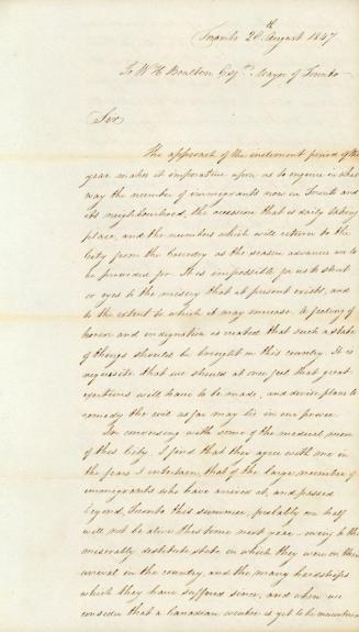 Letter from W.B. Jarvis to W.H. Boulton Esqr, Mayor of Toronto, 28 Aug. 1847