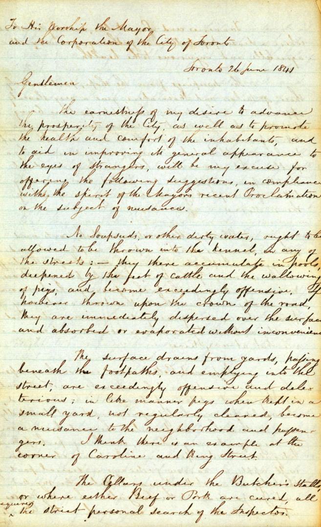 Letter from R.E. Horne to His Worship the Mayor and the Corporation of the City of Toronto, 26 June 1841, pp. 1-2