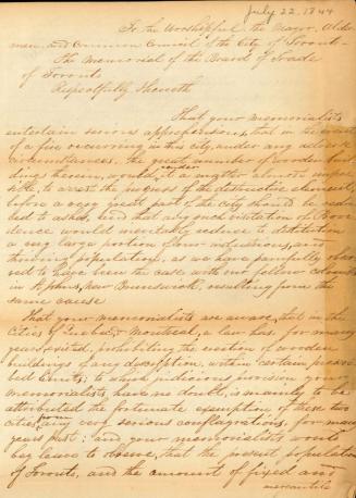 Letter from Board of Trade of Toronto to the Worshipful, the Mayor, Aldermen, and Common Council of the City of Toronto, 22 July 1844, pp. 1-2