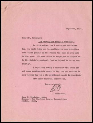 Copy, letter from W.S. Dinnick, Sterling Trusts Corporation, Toronto, to Geo. H. Bradshaw