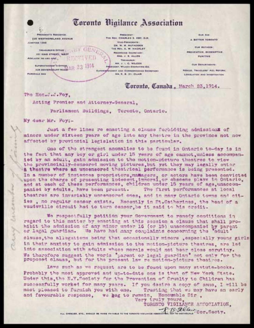 Letter, Toronto Vigilance Association to J.J. Foy, Acting Premier of Ontario, re: children at live and motion picture performances