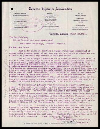 Letter, Toronto Vigilance Association to J.J. Foy, Acting Premier of Ontario, re: children at live and motion picture performances