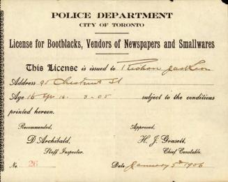 License for bootblacks, vendors of newspapers and smallwares