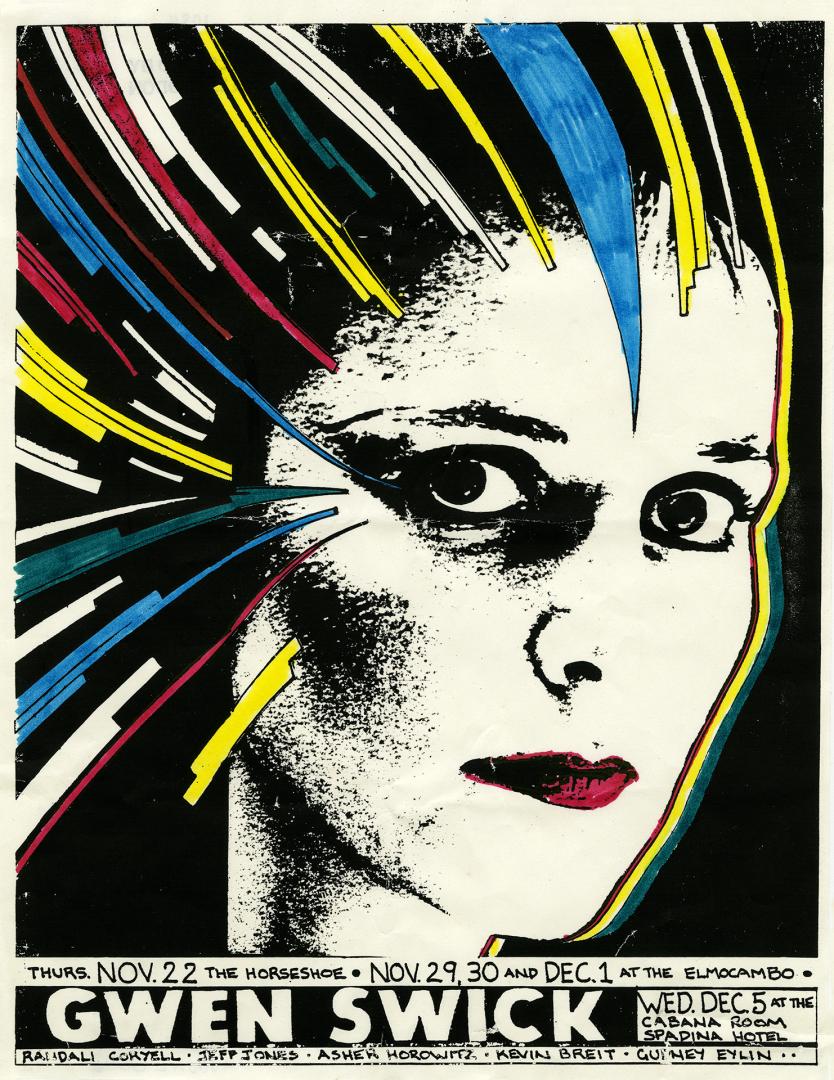 Poster shows a black and white illustration of Gwen Swick, which has been partially coloured in…