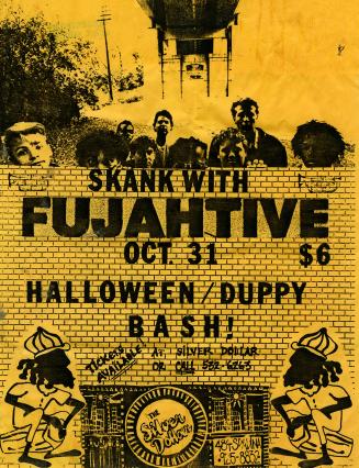Poster shows an image of the band and a drawing of two musicians playing the drums. 