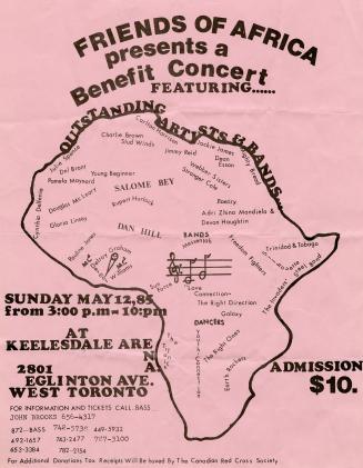 Poster shows a drawing of the outline of the continent of Africa, with the names of the bands a ...
