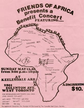 Poster shows a drawing of the outline of the continent of Africa, with the names of the bands a…