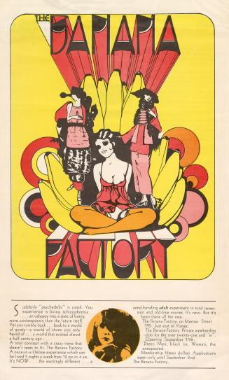 Poster shows a psychedelic illustration of three women sitting or standing in front of a bunch  ...