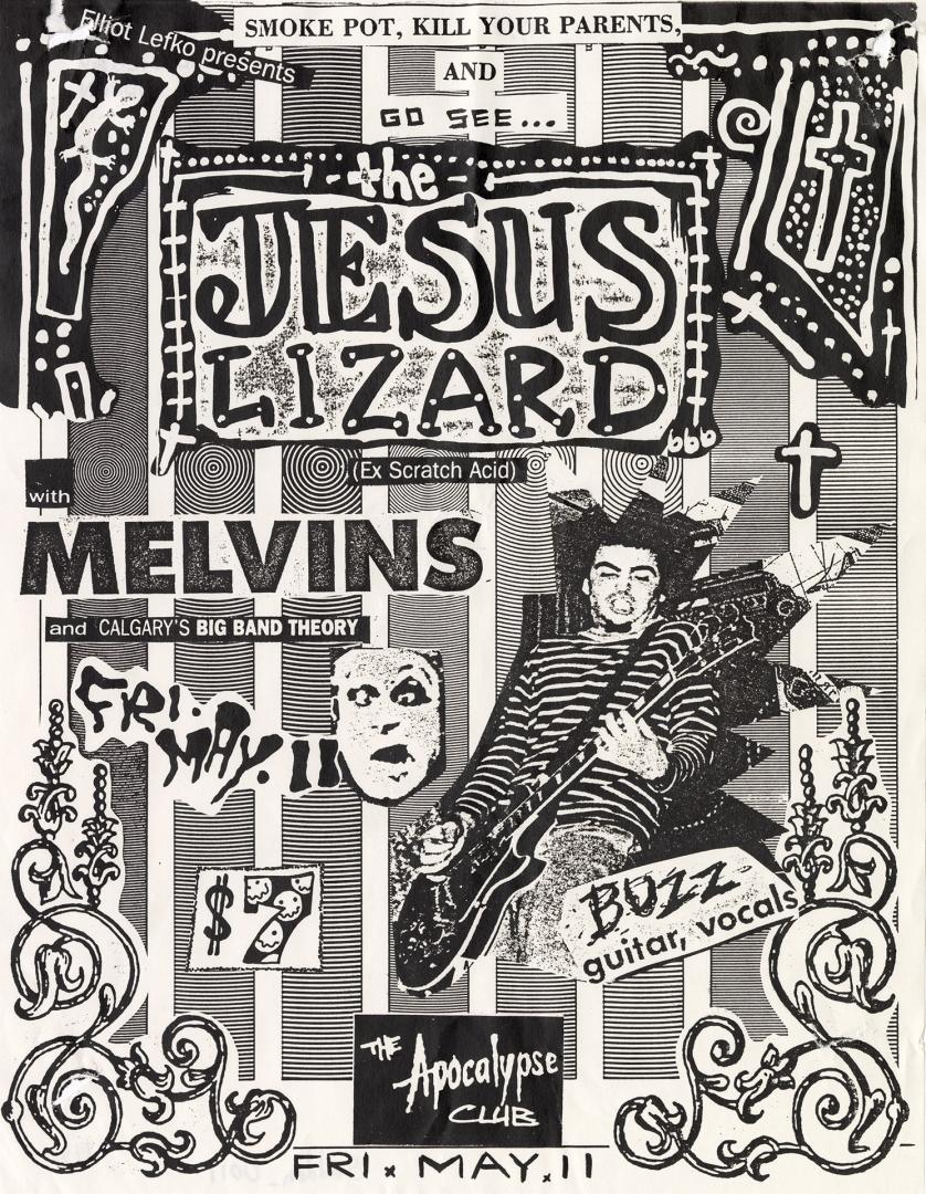 Poster displays a montage of a man identifed as "Buzz" playing an electric guitar, su…