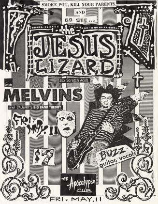 Poster displays a montage of a man identifed as "Buzz" playing an electric guitar, su…
