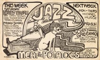 Poster includes an illustration of a dog wearing sunglasses and listening to a record on a phon…