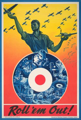 Central image is a bullseye, surrounded by images of people working in the war effort: planning…