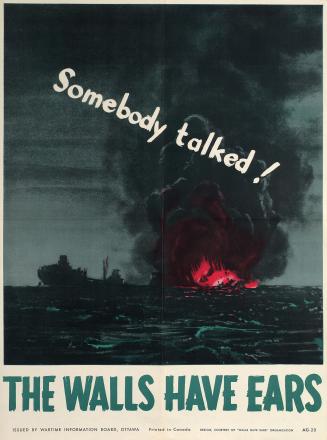 Shows a ship at sea, recently hit by an explosive and sinking, the red of the fire highlighting…