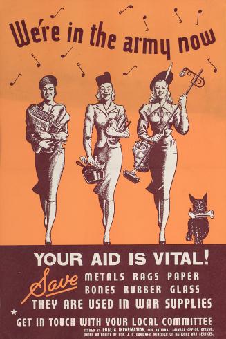 "We're in the army now". Shows three women in fashionable dress and a dog with a bone, all prou…