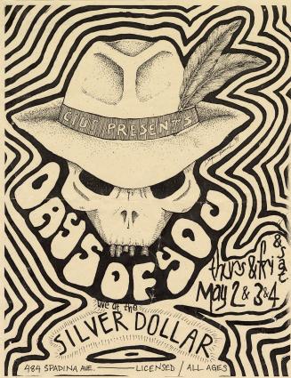 Poster features a hand-drawn illustration of a human skull wearing a hat with feathers in the b ...