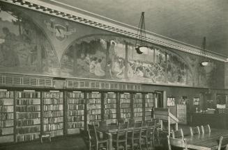 Mural painting on upper interior wall of library above book shelves. 