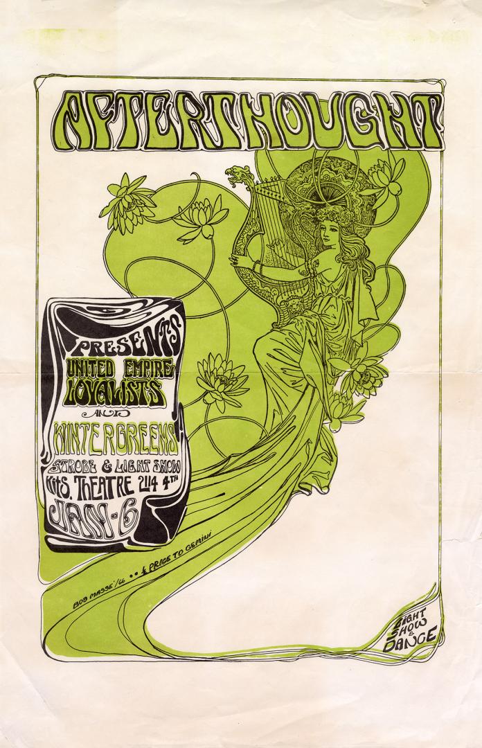 Poster features a hand-drawn illustration of a woman in robes playing a harp.