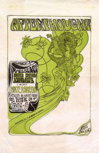 Poster features a hand-drawn illustration of a woman in robes playing a harp.