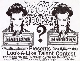 Poster features photographs of Boy George and illustrations of the Marilyn's logo, which includ ...