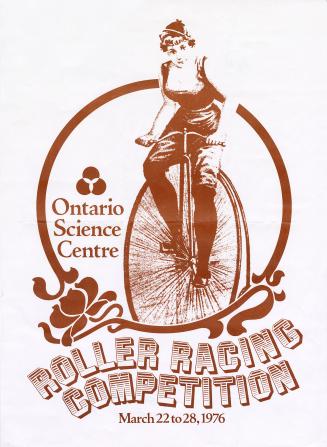Poster features an illustration of a woman riding a penny-farthing bicycle.
