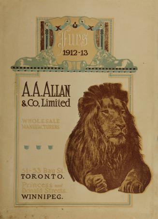 Cover: fancy lettering and decorative borders, blue and brown colours, images of lions 